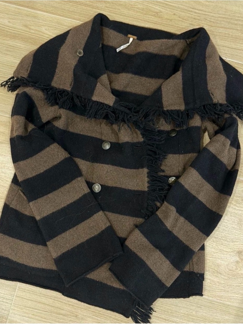 Free People Black Striped Double
Breasted Button Front Fringe Lambswool
Jacket